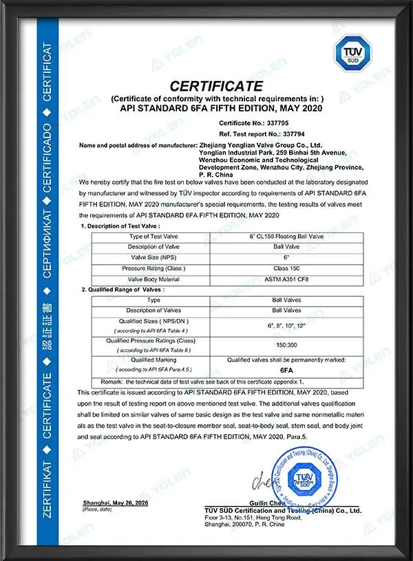 API 6FA Ball Valve Fire Protection Certification Certificate